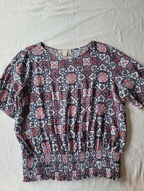 Michael Kort Printed Short Sleeve Smocked Waist Top - Blue/Pink Size XL
